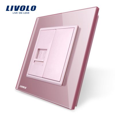 Enchufe simple de teléfono Livolo con marco de vidrio culoare roz