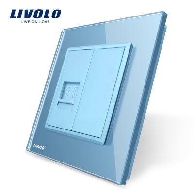 Enchufe simple de teléfono Livolo con marco de vidrio culoare albastra