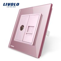 Enchufe doble TV (hembra) + teléfono Livolo con marco de vidrio culoare roz