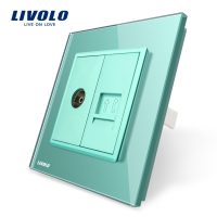 Enchufe doble TV (hembra) + teléfono Livolo con marco de vidrio culoare verde