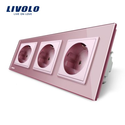 Enchufe Tomacorriente Livolo 3 tomas de pared de cristal EU Estándar culoare roz