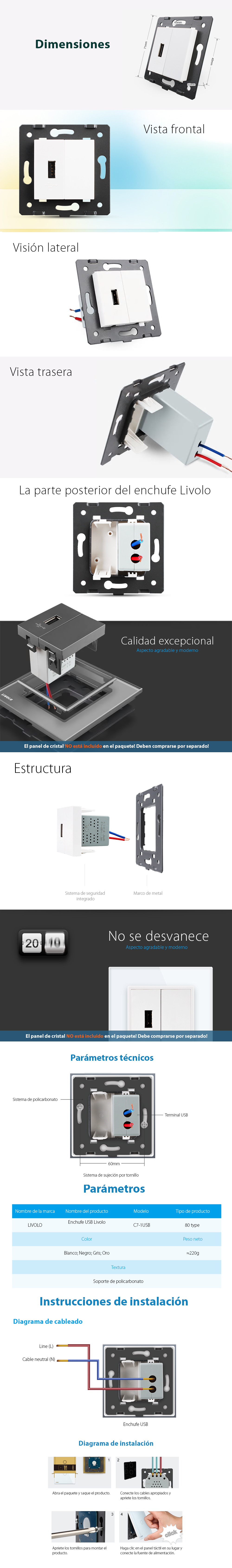 Puerto/enchufe USB EU Livolo sin marco de cristal para libre montaje