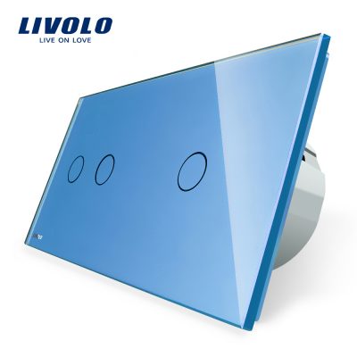Interruptor táctil doble + simple Livolo de vidrio culoare albastra
