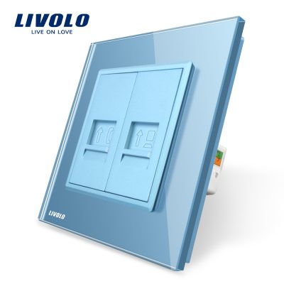 Enchufe doble de teléfono + enchufe de internet Livolo con marco de vidrio culoare albastra