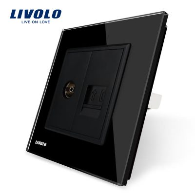 Enchufe doble TV (hembra) + teléfono Livolo con marco de vidrio culoare neagra