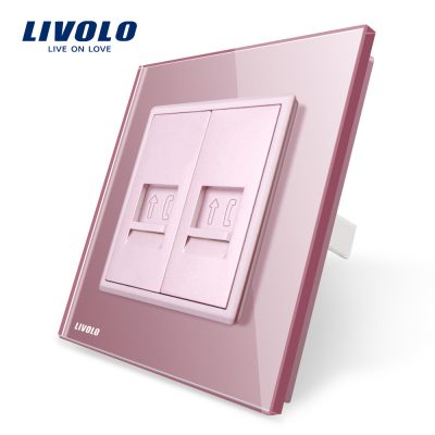 Enchufe doble teléfono Livolo con marco de vidrio culoare roz