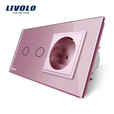 Interruptor Doble Táctil + Enchufe 1 Toma De Cristal Livolo Completo EU Estándar culoare roz