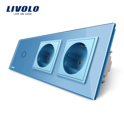 Conmutador/conmutador cruce táctil simple Livolo + 2 enchufes de vidrio culoare albastra