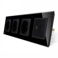 Enchufe cuádruple Livolo con marco de vidrio 3 enchufes simples + TV/internet culoare neagra