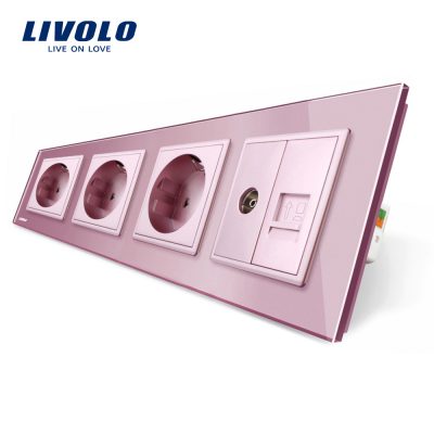 Enchufe cuádruple Livolo con marco de vidrio 3 enchufes simples + TV/internet culoare roz