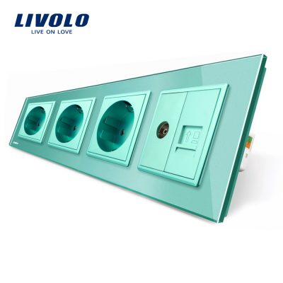 Enchufe cuádruple Livolo con marco de vidrio 3 enchufes simples + TV/internet culoare verde