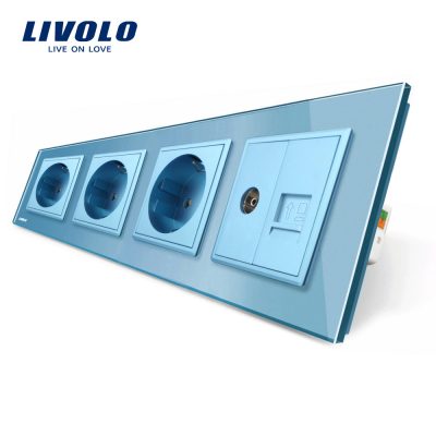 Enchufe cuádruple Livolo con marco de vidrio 3 enchufes simples + TV/internet culoare albastra