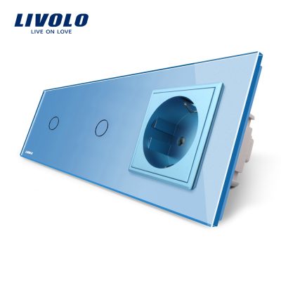 Interruptor simple + simple táctil y enchufe de vidrio Livolo culoare albastra