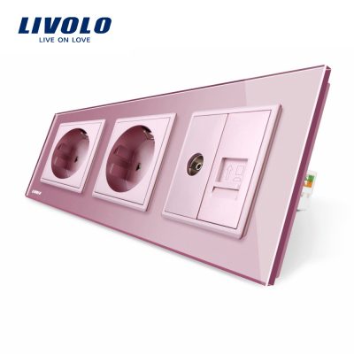 Enchufe triple Livolo con marco de vidrio 2 enchufes simples + TV/internet culoare roz