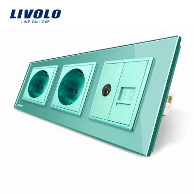 Enchufe triple Livolo con marco de vidrio 2 enchufes simples + TV/internet culoare verde