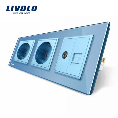 Enchufe triple Livolo con marco de vidrio 2 enchufes simples + TV/internet culoare albastra