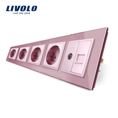 Marco de vidrio Livolo con 4 enchufes +1 enchufe TV (hembra) – internet culoare roz