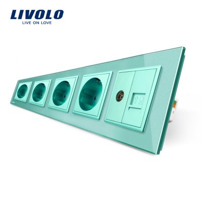 Marco de vidrio Livolo con 4 enchufes +1 enchufe TV (hembra) – internet culoare verde