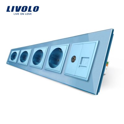 Marco de vidrio Livolo con 4 enchufes +1 enchufe TV (hembra) – internet culoare albastra