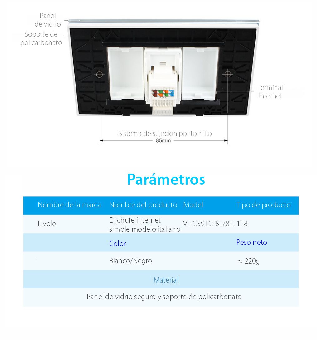 Enchufe de internet Livolo con marco de vidrio – estándar italiano
