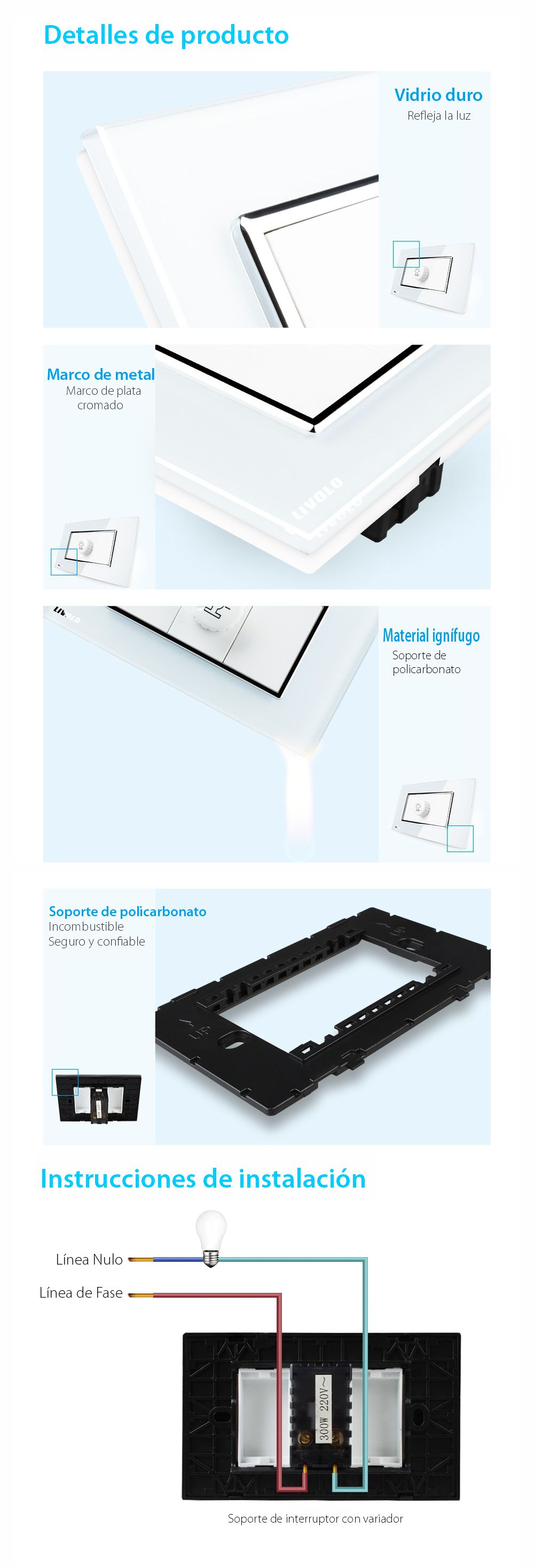 Interruptor con variador Livolo marco de vidrio – estándar italiano