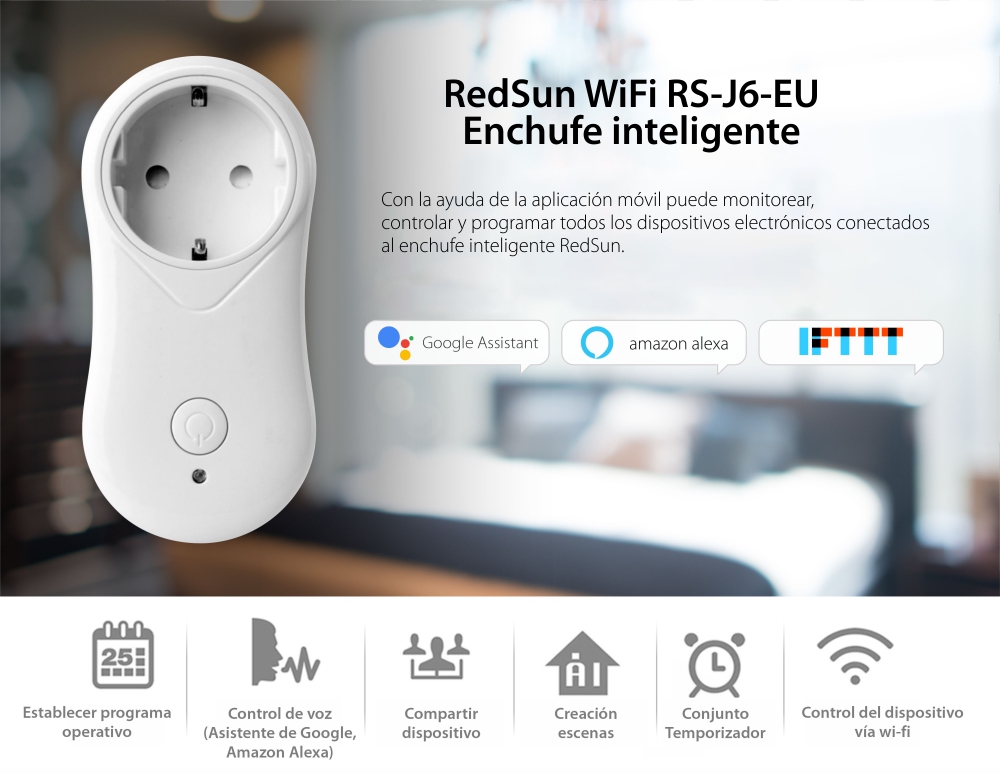 Enchufe inteligente Red Sun EU RS-J6 con puerto USB, compatible con Amazon Alexa y Google Home, control desde teléfono móvil