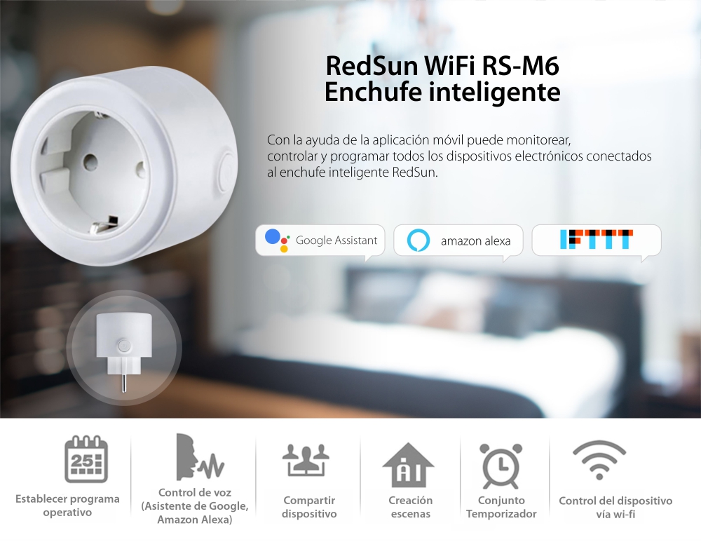 Enchufe inteligente Wi-Fi redondo UE, Red Sun RS-M6, control desde teléfono móvil