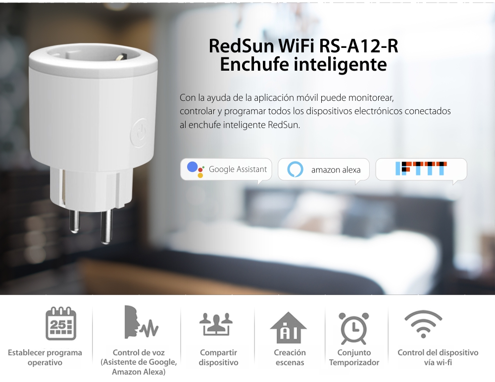 Enchufe inteligente Red Sun Wi-Fi con monitoreo de energía e indicador LED, control desde teléfono móvil