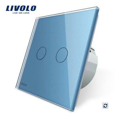 Interruptor táctil doble de retorno Livolo, de vidrio culoare albastra