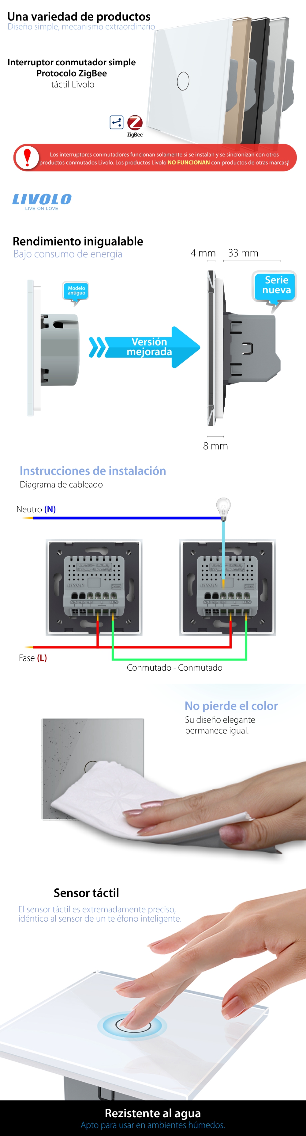 Interruptor conmutador táctil simple Livolo de vidrio – protocolo ZigBee, control en el teléfono móvil
