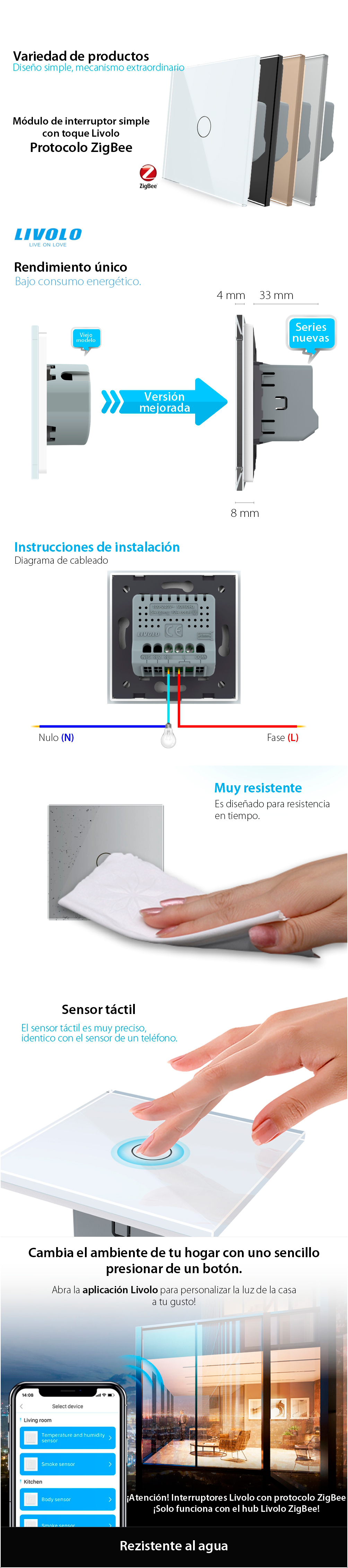 Interruptor táctil simple Livolo de vidrio – protocolo ZigBee, control desde el teléfono móvil