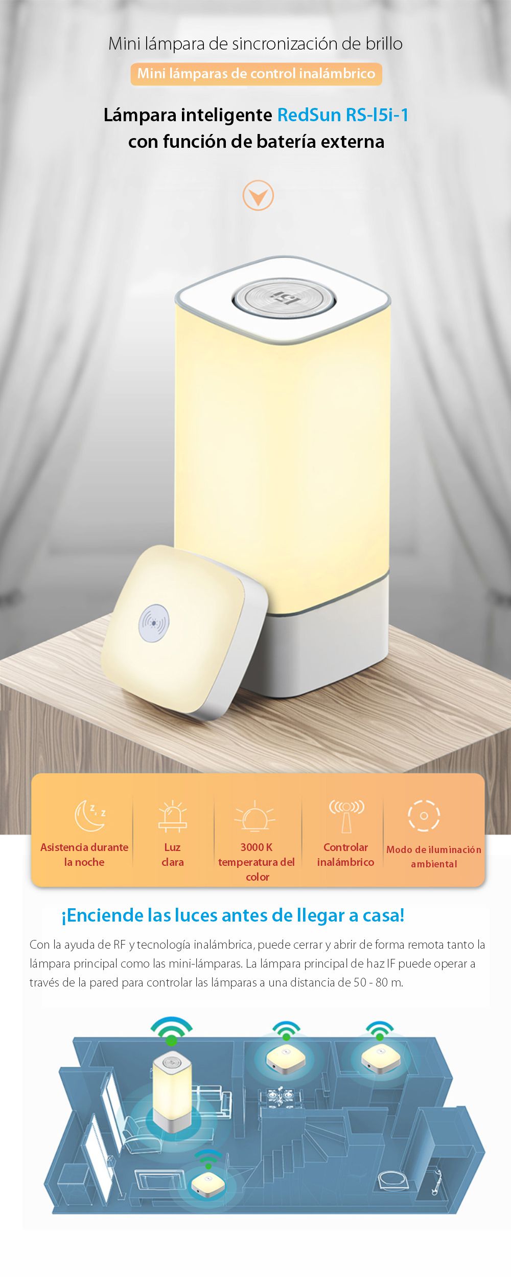 Kit de lámpara inteligente con 3 mini lámparas, control Wifi y función de batería externa Red Sun RS-l5i-1