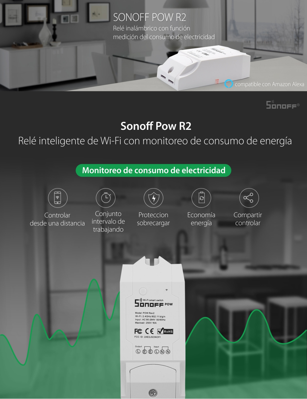 Relé de monitoreo de energía Wi-Fi Sonoff POW R2