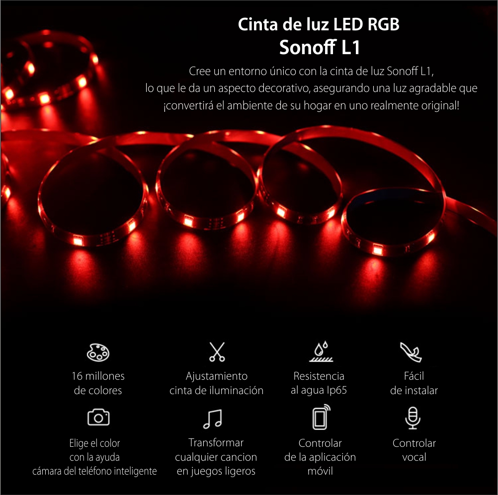 Cinta inteligente inalámbrica Sonoff, LED RGB, longitud 5 m, control remoto incluido, control por voz, control desde teléfono móvil