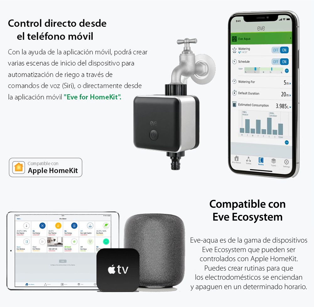 Sistema inteligente para automatizar el riego Eve-aqua, compatible con Apple Home Kit