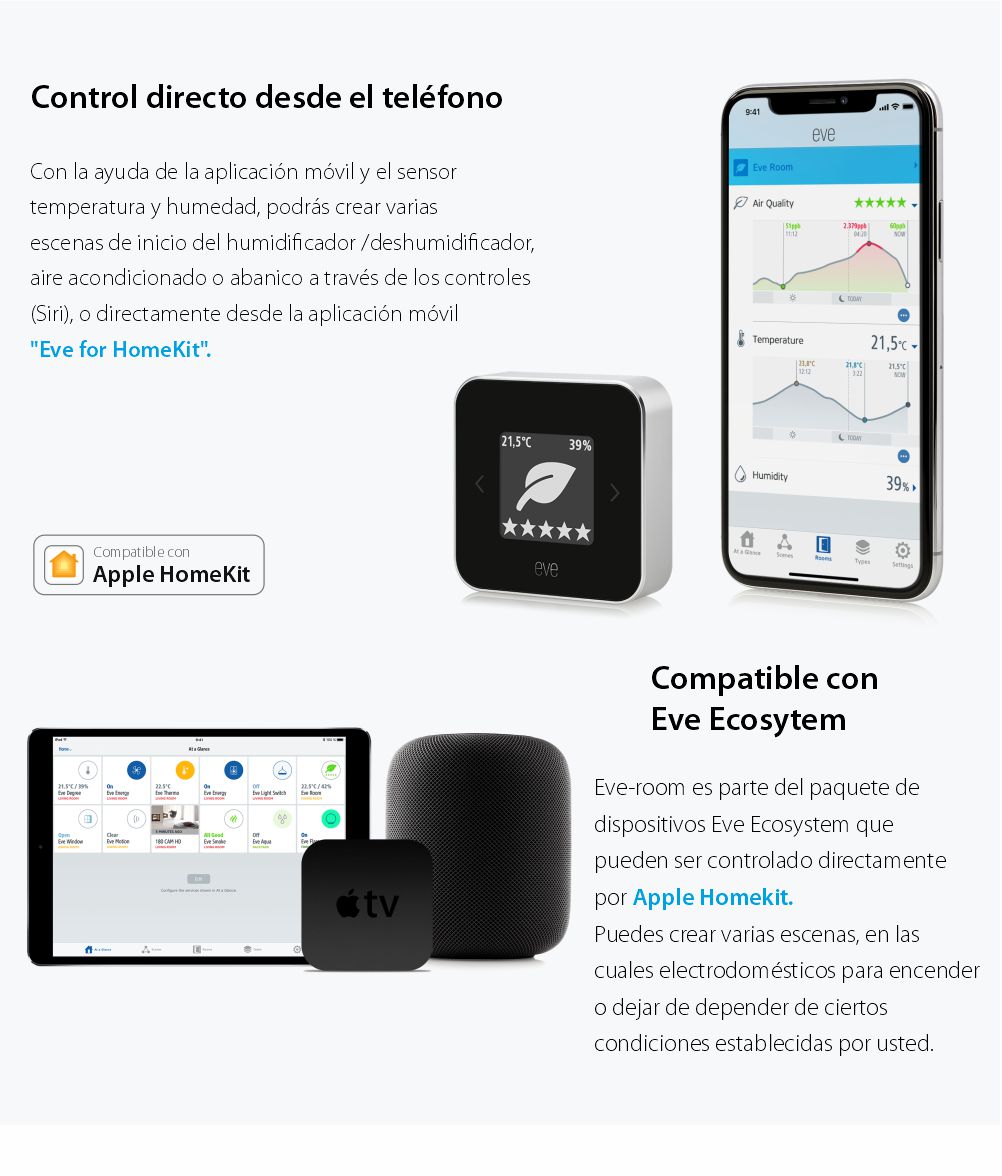 Sensor de temperatura y humedad ambiente Eve-room, compatible con Apple Home Kit