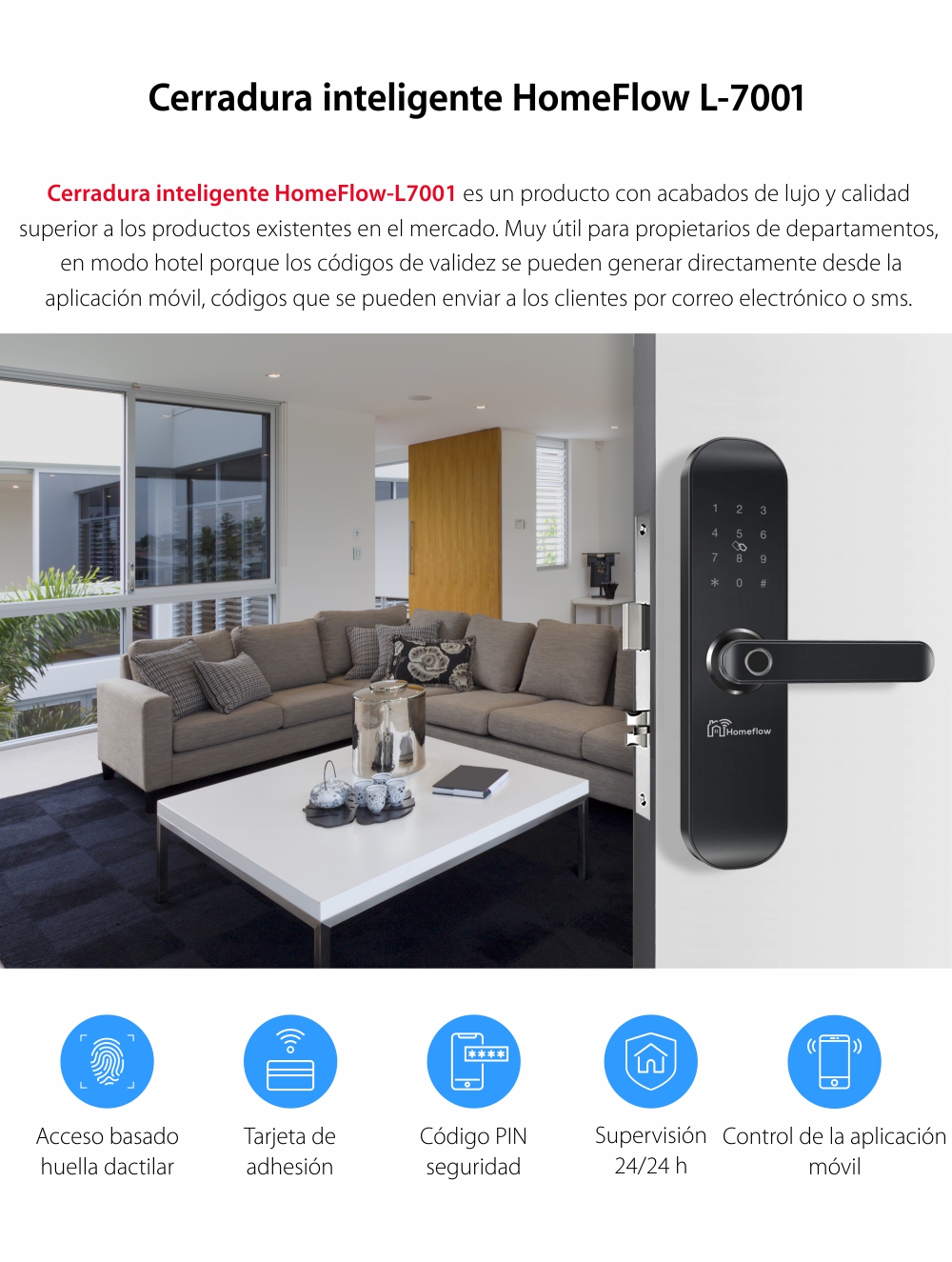 Cerradura inteligente Homeflow L-7001, PIN, tarjeta NFC, huella digital, llave metálica, teléfono / tableta, panel táctil, monitoreo en tiempo real, compatible con asistente de Google, Amazon Alexa