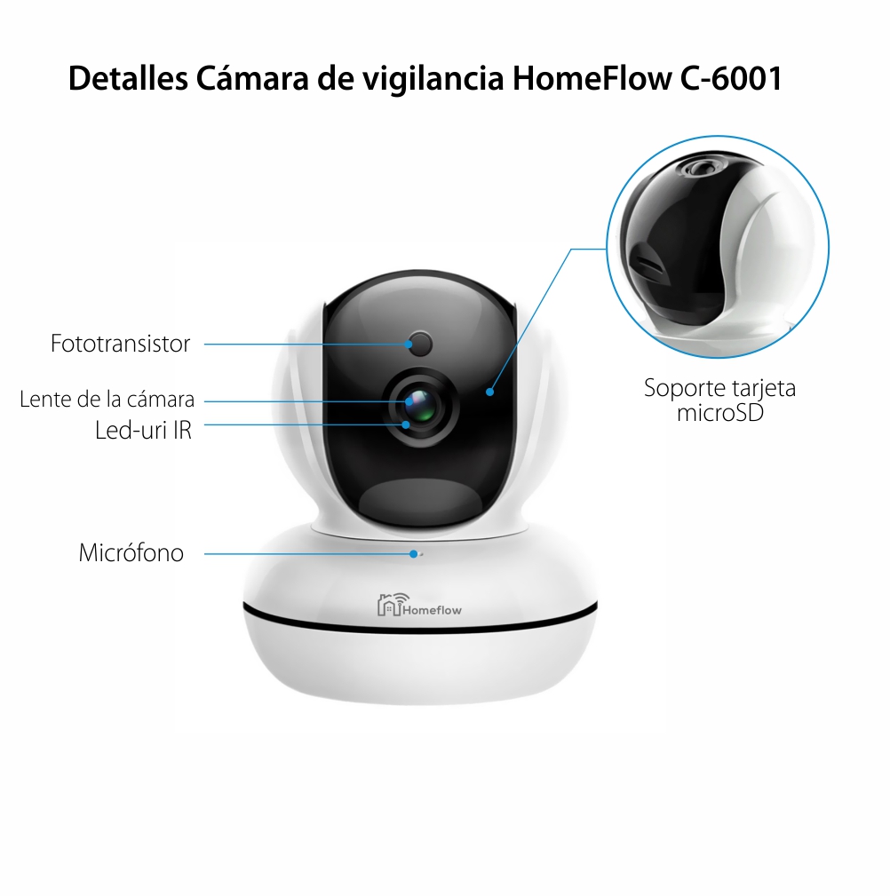 Cámara de vigilancia inalámbrica giratoria Homeflow C-6001, comunicación bidireccional, detección de movimiento, grabación, control desde el teléfono móvil