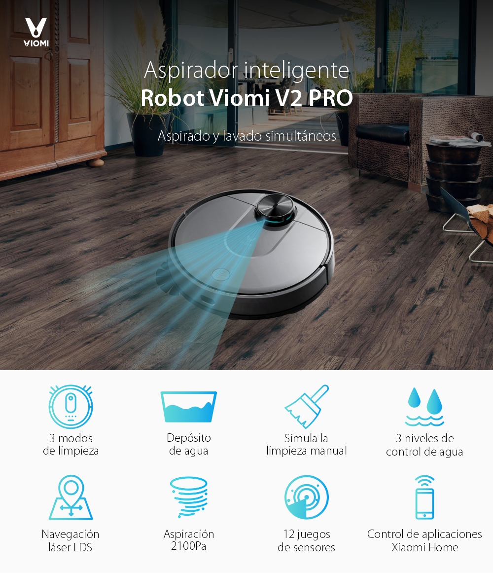 Aspiradora inteligente Viomi Robot Vacuum V2 Pro, Inalámbrico, Navegación láser, Control por aplicación, 33 W
