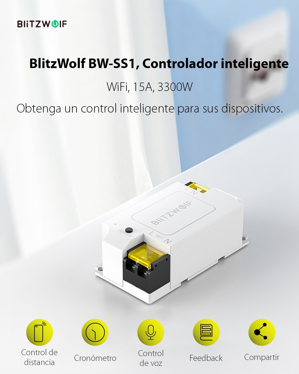 BlitzWolf BW-SS1, Controlador inteligente,WiFi,15A, 3300W, Compatible con Amazon Alexa, Google Home e IFTTT