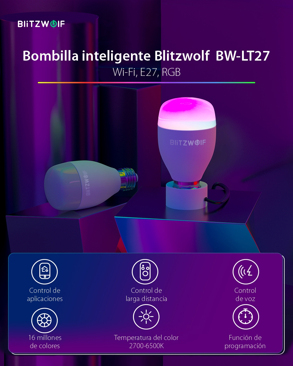 Bombilla inteligente Blitzwolf BW-LT27, Wi-Fi, Inteligente,E27, 9W, Control por voz, 850 LM, RGB