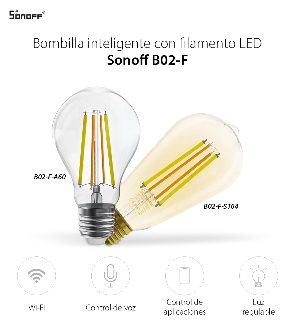 Bombilla inteligente LED Sonoff B02-F-A60, Wi-Fi, 7W, 806 LM, Atenuador, Control desde aplicación