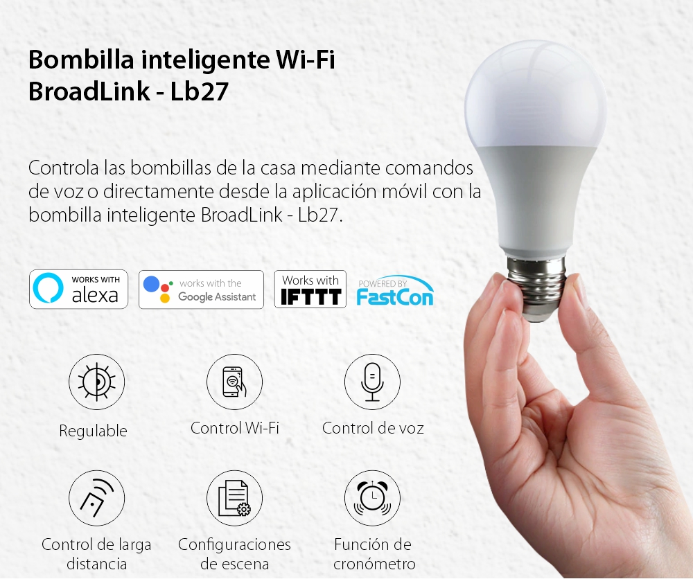 Bombilla inteligente Wi-Fi, BroadLink LB27, A60, 800 LM, Atenuador, Potencia de 10 W, Control desde aplicación