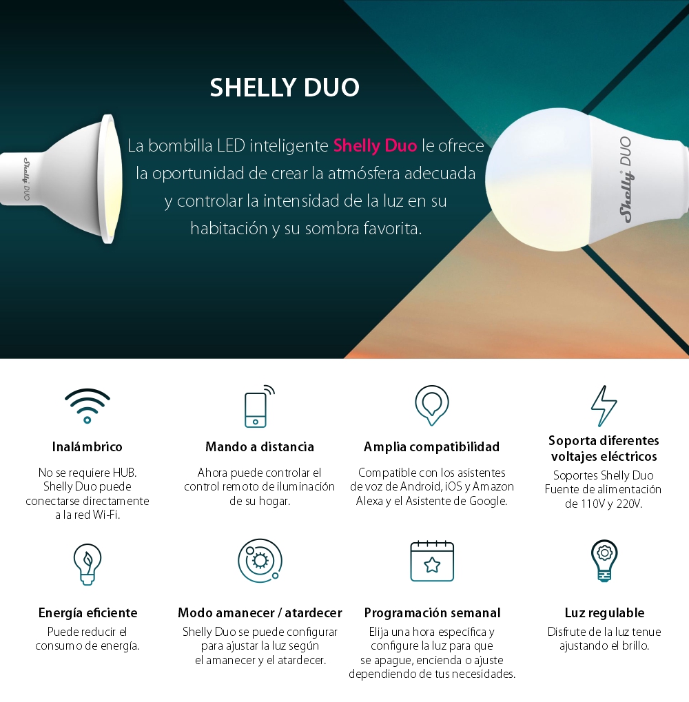 Bombilla LED inteligente Shelly Duo, Wi-Fi, E27, 9W, Temperatura de color 800 LM