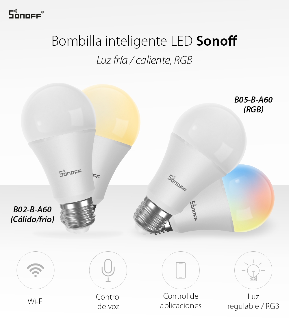 Bombilla LED inteligente Sonoff B02-B-A60, Luz fría / caliente, 9W de potencia, 806 LM, Control desde aplicación