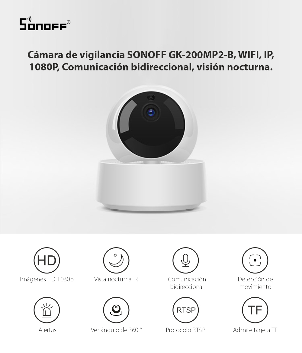 Cámara de vigilancia SONOFF GK-200MP2-B, Inalámbrico, Full HD, Comunicación bidireccional, Visión nocturna