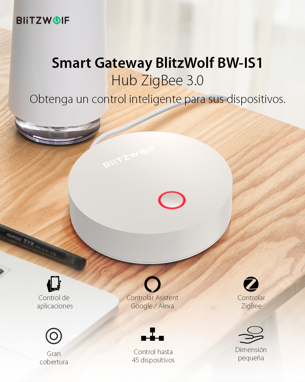Centro de comando BlitzWolf BW-IS1, Hub inteligente Zigbee 3.0, Wi-Fi, Control desde aplicación