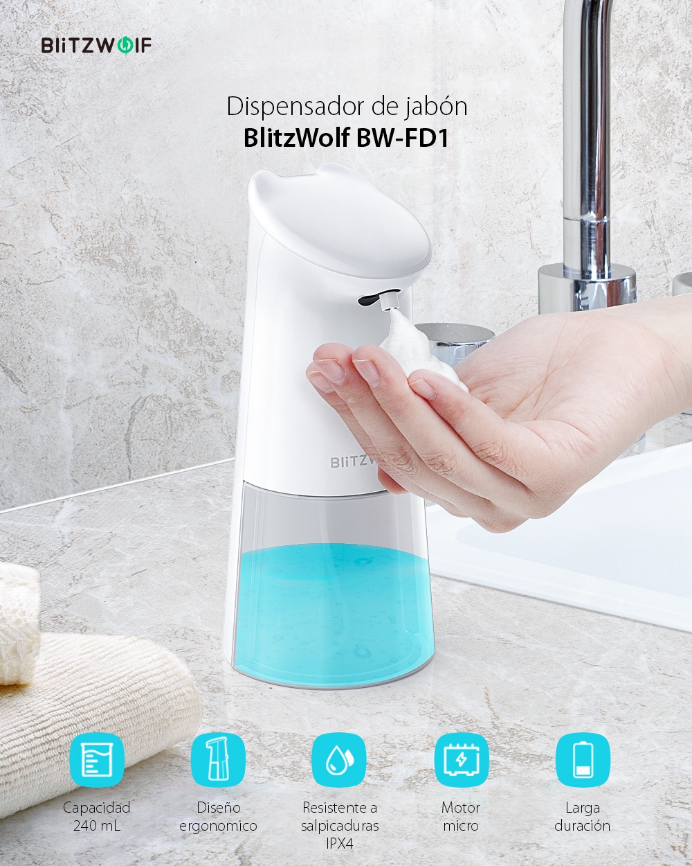 Dispensador de jabón BlitzWolf BW-FD1, Blanco, 240 mL, IPX4 a prueba de agua, Voltaje de 4.5V