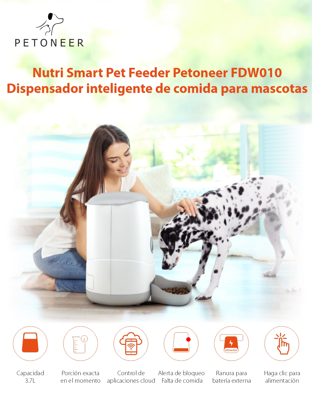 Dispensador inteligente para comida para mascotas Petoneer Nutri, Control de aplicaciones, Ranura para batería externa