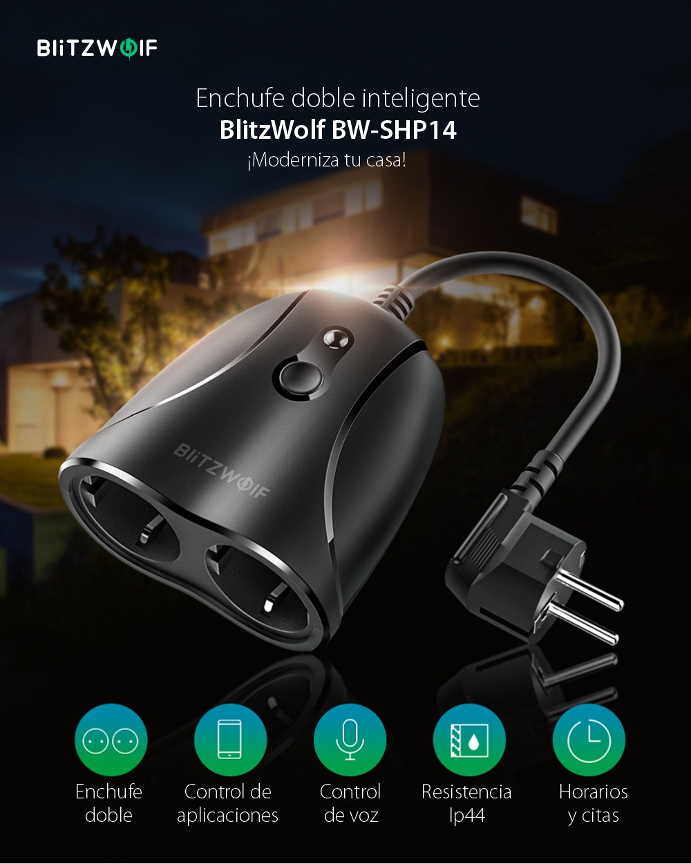 Enchufe doble BlitzWolf BW-SHP14, Wi-Fi, Control desde aplicación, Resistencia IP44